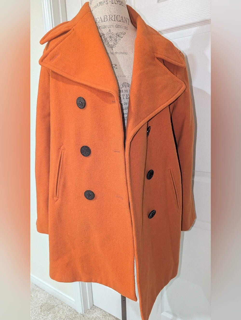 Women's Orange Double-Breasted Wool Peacoat